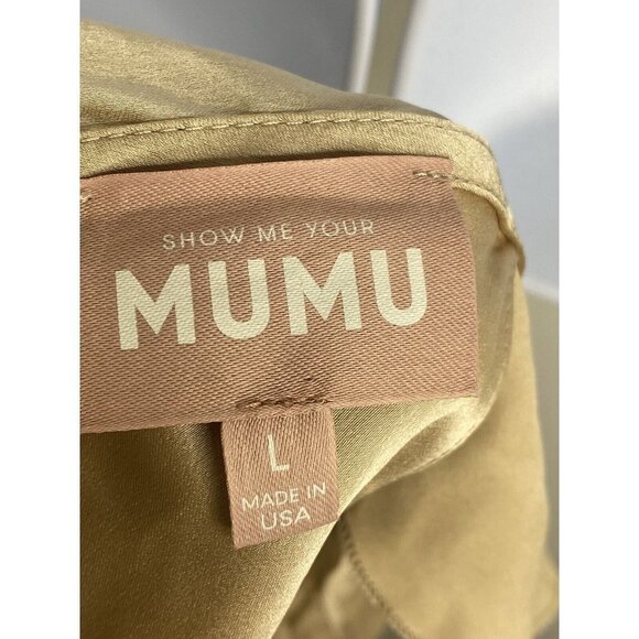 Show Me Your Mumu Womens Samantha Ruffle Wrap Dress Gold Luxe Satin Size Large - Picture 11 of 12